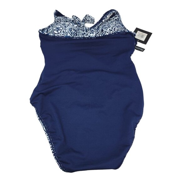 $98 Ellen Tracy Halter V-Neck One Piece Swimsuit Navy White NWT Size 12 Lined - Picture 6 of 12